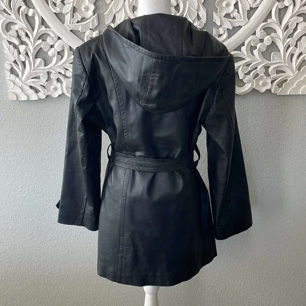 Black Leather Trench Coat with Belt - Picture 2 of 4